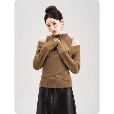 프랑스식 레트로 달콤한 핫걸 쇼트 스타일 십자가 페이크 레이어드 맨위 디자인 센스 반하이넥 스웨터 니트 기본 셔츠 상세 이미지 1