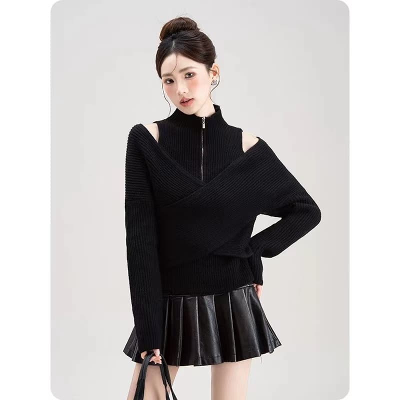 프랑스식 레트로 달콤한 핫걸 쇼트 스타일 십자가 페이크 레이어드 맨위 디자인 센스 반하이넥 스웨터 니트 기본 셔츠 상세 이미지 12
