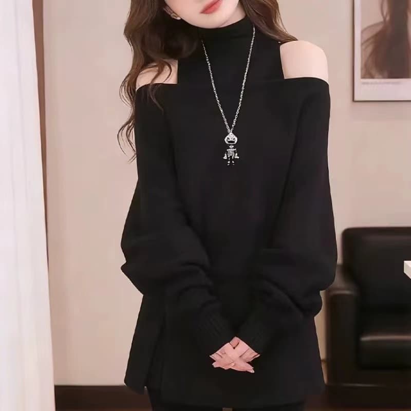 그는 벤 한 부서 터틀넥 분위기 센스 반하이넥 투피스 세트 스웨터 행침 목 새는 어깨 니트 스웨터 이미지 5