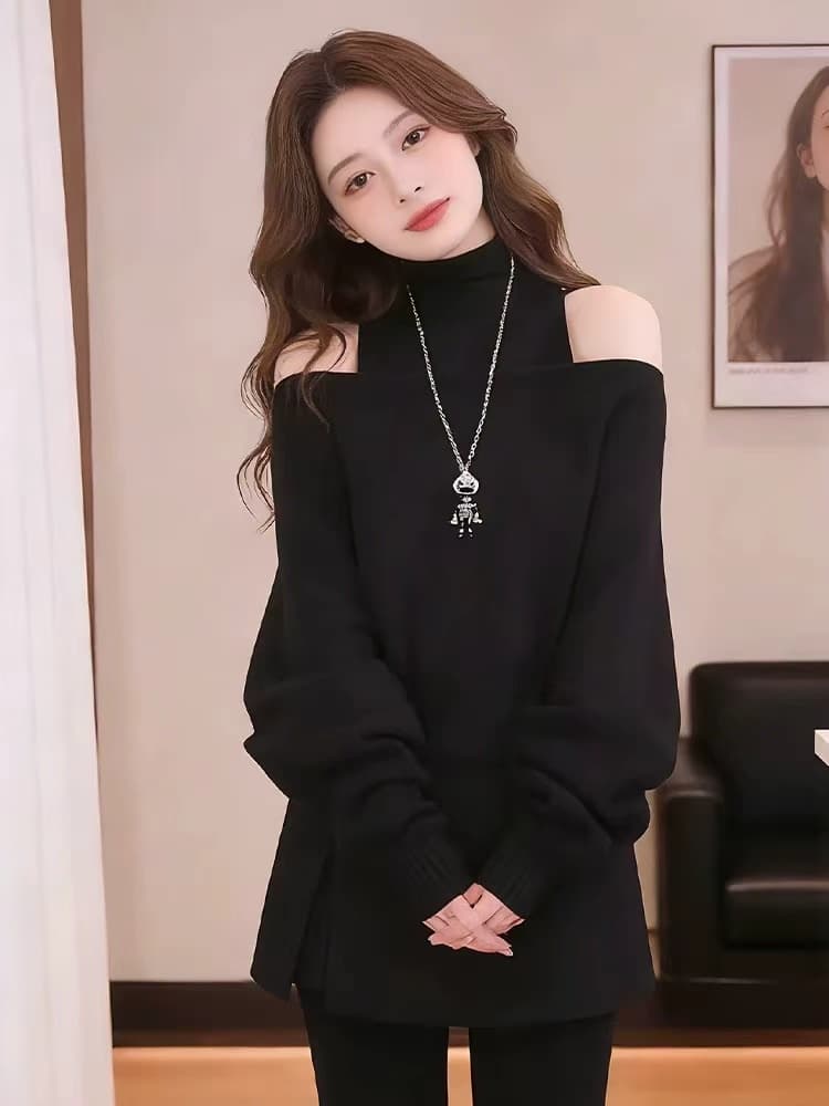 그는 벤 한 부서 터틀넥 분위기 센스 반하이넥 투피스 세트 스웨터 행침 목 새는 어깨 니트 스웨터 상세 이미지 11