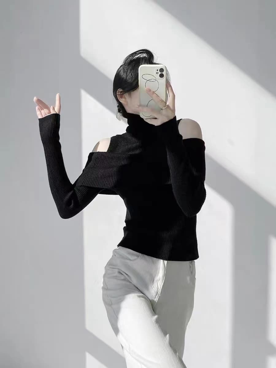 아메리칸 레트로 한 부서 오프숄더 디자인 터틀넥 털 니트 스웨터 가을 겨울 인사이드 가져 가라. 슬림해 보이는 맨위 여성 이미지 2