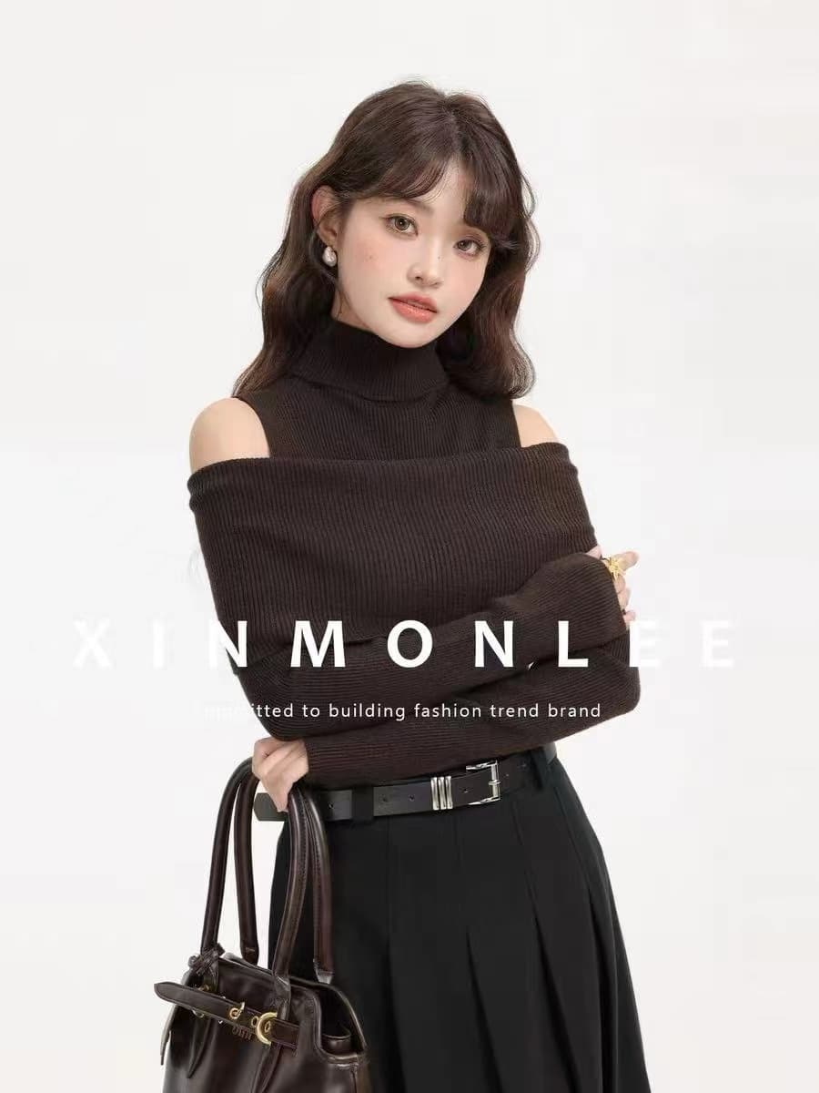 아메리칸 레트로 한 부서 오프숄더 디자인 터틀넥 털 니트 스웨터 가을 겨울 인사이드 가져 가라. 슬림해 보이는 맨위 여성 상세 이미지 8