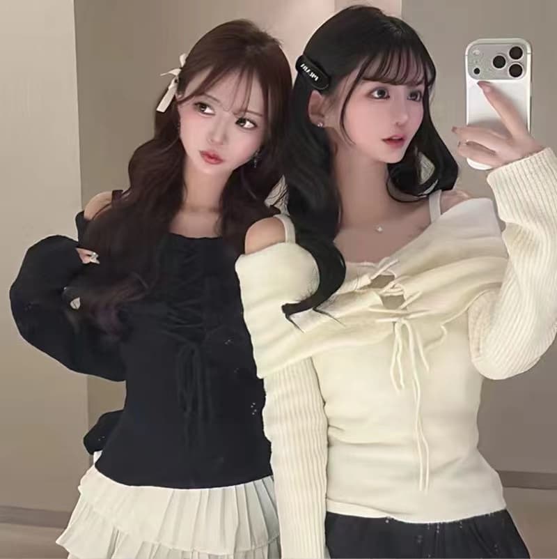 순수한 욕망 달콤한 핫걸 섹시함 오프숄더 꽃 펌프 로프 레이스업 디자인 센스 나팔 소매 Chic 맨위