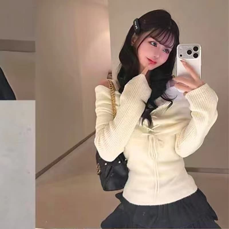 순수한 욕망 달콤한 핫걸 섹시함 오프숄더 꽃 펌프 로프 레이스업 디자인 센스 나팔 소매 Chic 맨위 이미지 3