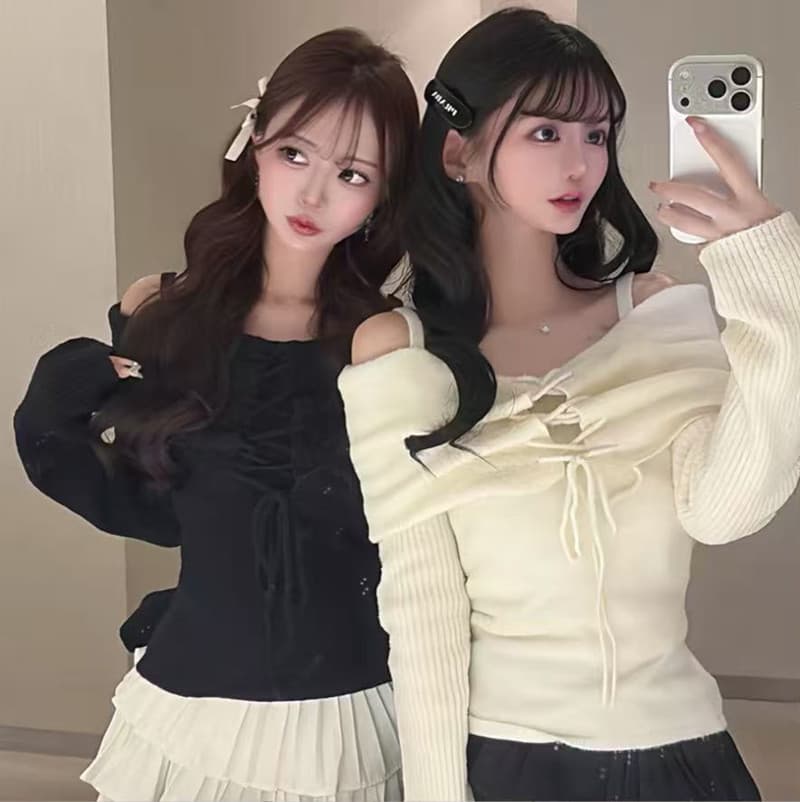 순수한 욕망 달콤한 핫걸 섹시함 오프숄더 꽃 펌프 로프 레이스업 디자인 센스 나팔 소매 Chic 맨위 상세 이미지 1