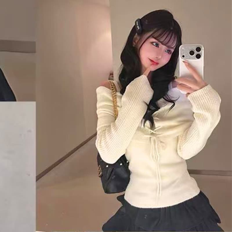 순수한 욕망 달콤한 핫걸 섹시함 오프숄더 꽃 펌프 로프 레이스업 디자인 센스 나팔 소매 Chic 맨위 상세 이미지 4