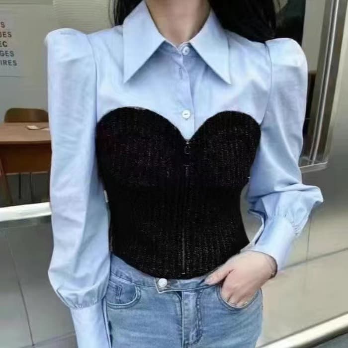 가을 겨울 새로운 한국 스타일 디자인 센스 작은 대중 수 있습니다. 소금 수 있습니다. 달콤한 POLO 칼라 셔츠 패치워크 긴팔 맨위 이미지 3