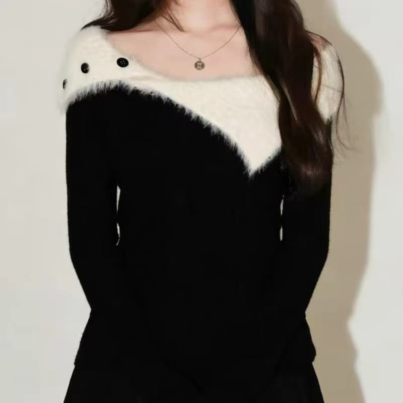 한 부서 다용도 겨울 새로운 보트넥 배색 니트 스웨터 달콤함 디자인 긴팔 몸매 가꾸기 만나는 맨위 상세 이미지 2