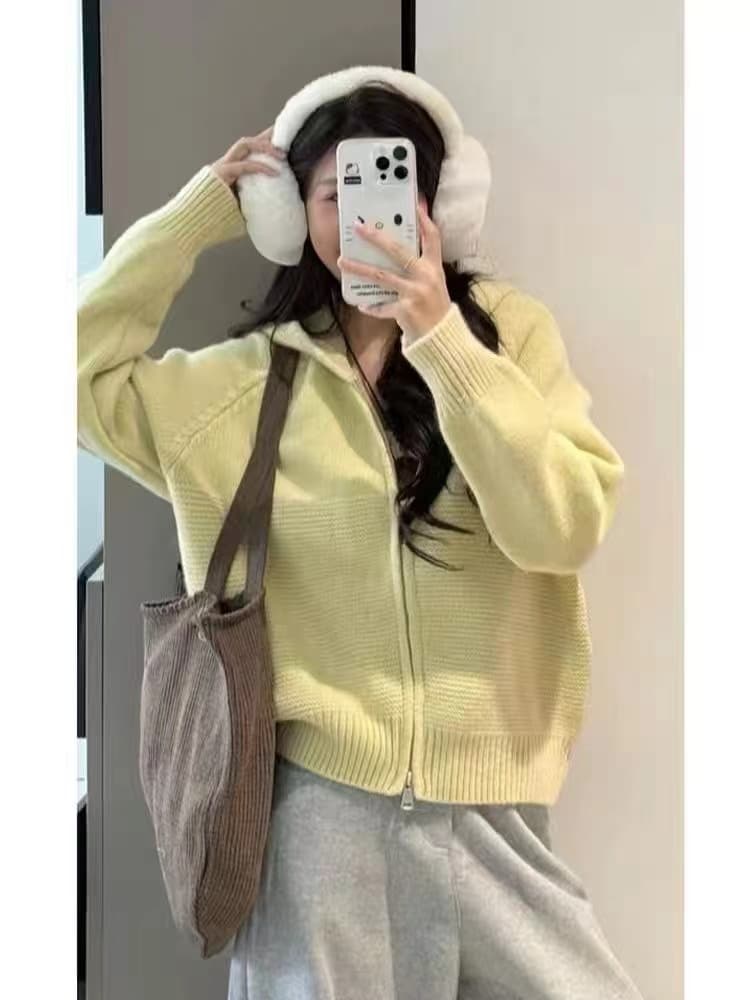 한 부서 느긋한 바람 물결무늬 곡물 더블 지퍼 후드 스웨터 코트 여성 의류 가을 겨울철 새로운 캐주얼 다용도 맨위 상세 이미지 9