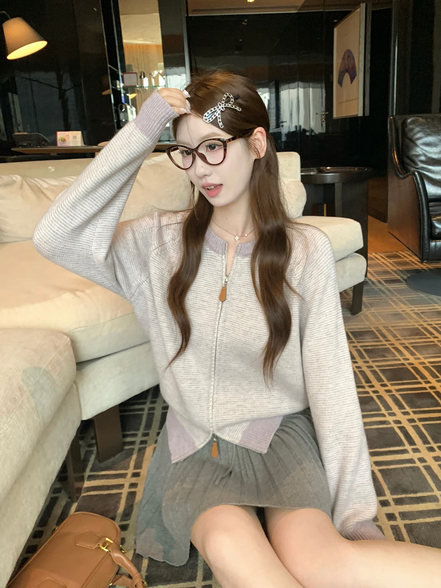 한 부서 배색 파란색 스트라이프 지퍼 스웨터 여성 코트 가을 겨울 느긋한 바람 루즈핏 캐주얼 니트 오픈 가디건 맨위 상세 이미지 29