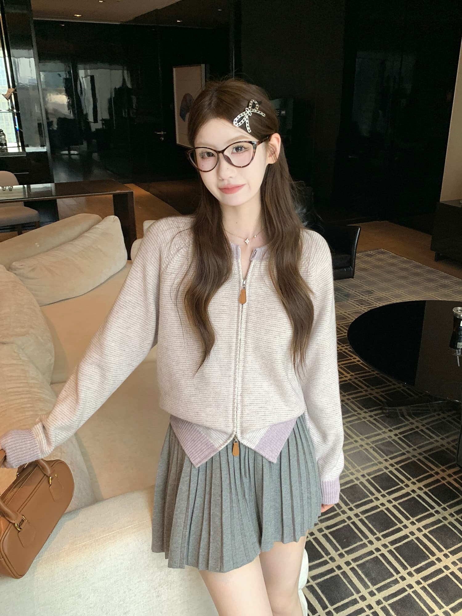 한 부서 배색 파란색 스트라이프 지퍼 스웨터 여성 코트 가을 겨울 느긋한 바람 루즈핏 캐주얼 니트 오픈 가디건 맨위 상세 이미지 32