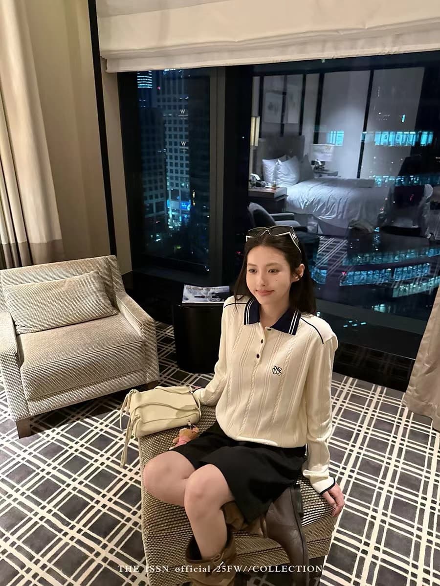 배색 POLO 칼라 트위스트 무늬 니트 스웨터 만나는 스웨터 여자 가을 겨울 캐주얼 긴팔 루즈핏 슬림해 보이는 인사이드 잡아라. 의류 상세 이미지 8