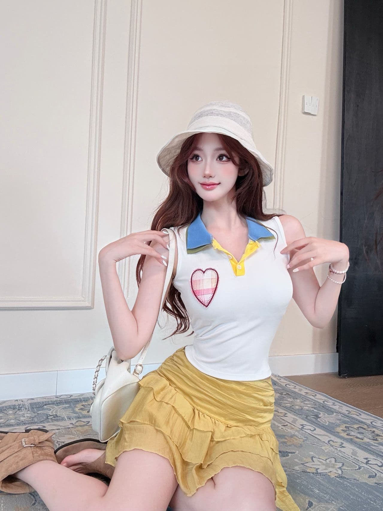 2026 새로운 달콤한 차가운 레트로 배색 패치 하트 자수 고정 가슴 패드 몸매 가꾸기 슬림해 보이는 외출용 쇼트 스타일 맨위 상세 이미지 13