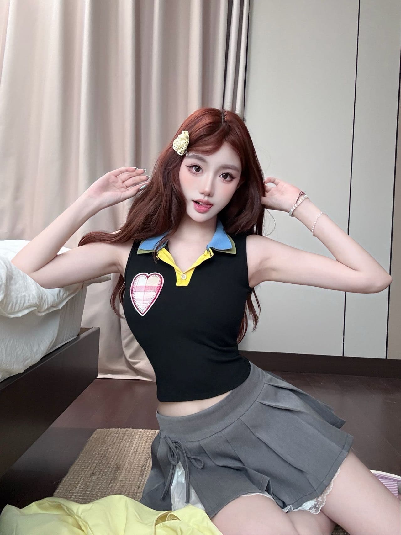 2026 새로운 달콤한 차가운 레트로 배색 패치 하트 자수 고정 가슴 패드 몸매 가꾸기 슬림해 보이는 외출용 쇼트 스타일 맨위 상세 이미지 28