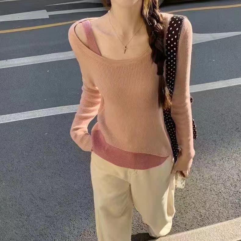 이른 가을 새로운 디자인 센스 순수한 욕망 바람 깊은 V 넥 패치워크 긴팔 프릴 낙서 이미지 3