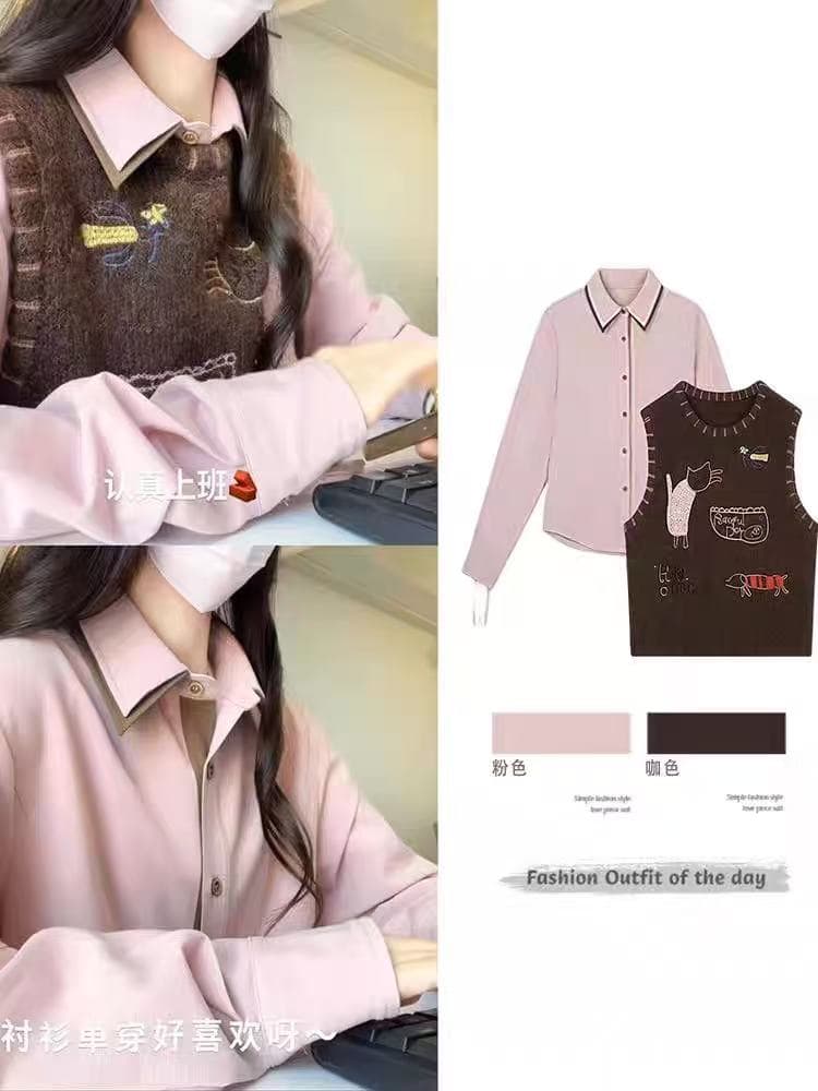 레트로 커피 색상 자수 니트 베스트 조끼 여성 봄 새로운 작은 키 쇼트 스타일 스택 착용 조끼 외출용 상세 이미지 3