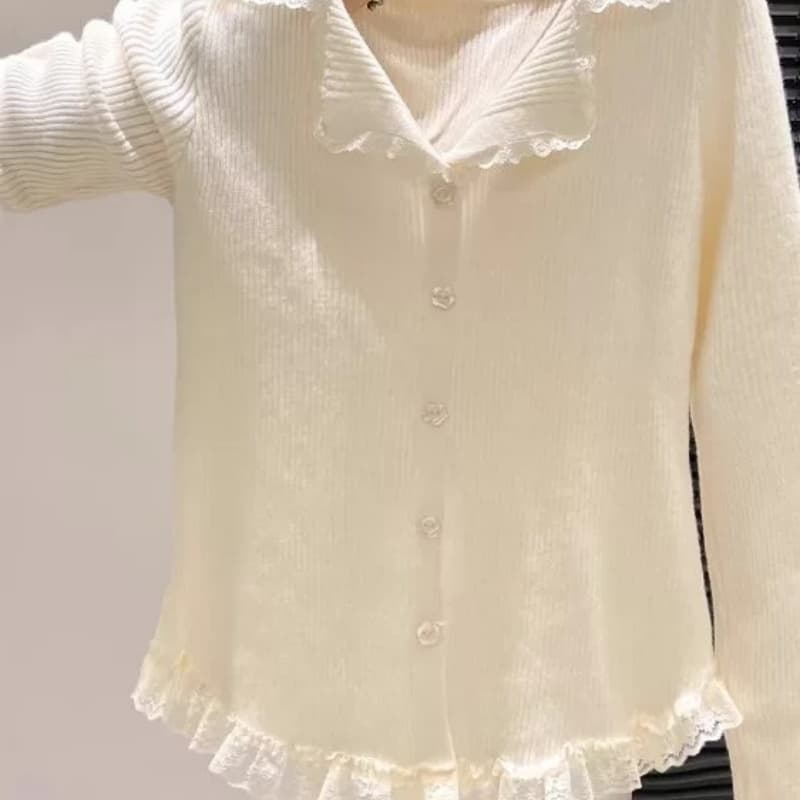 miu 부서 폴로 칼라 스택 착용 레이스 니트 기본 셔츠 여성 이른 가을 긴팔 스웨터 고급 센스 Chic 고유 한 맨위 상세 이미지 8