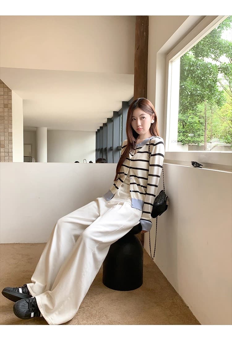 한 번 작은 짭짤한 한 부서 살구 색상 스트라이프 쇼트 스타일 니트 오픈 가디건 경기 슬립 여성 외부 잡아라. 의류 이른 가을 분위기 센스 착용 가져 가라. 상세 이미지 24