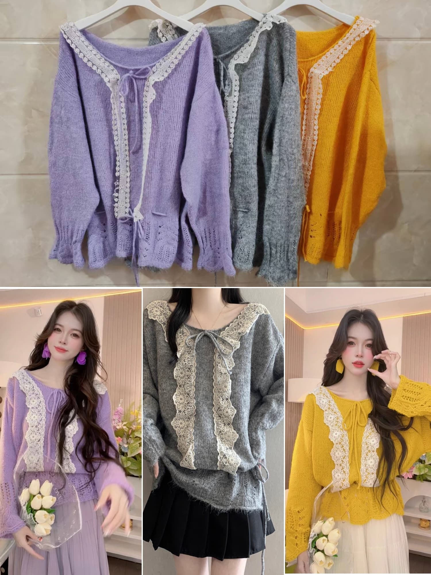 작은 샤넬 스타일 레이스 조각 홀로우 아웃 스웨터 여자 조기 가을 느긋한 루즈핏 고급 센스 니트 카디건 코트 상세 이미지 1