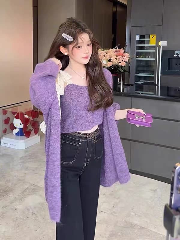 한 부서 이른 가을 ootd 품격 착용 가져 가라. 전체 집합 작은 샤넬 스타일 보라색 스웨터 오픈 가디건 슬립 맨위 투피스 슈트 상세 이미지 3