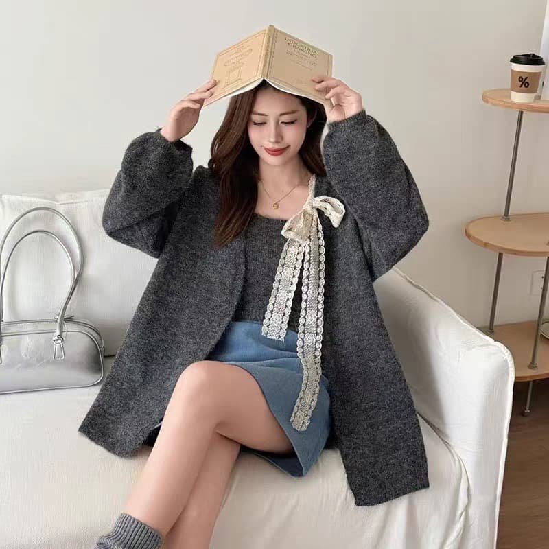 한 부서 이른 가을 ootd 품격 착용 가져 가라. 전체 집합 작은 샤넬 스타일 보라색 스웨터 오픈 가디건 슬립 맨위 투피스 슈트 상세 이미지 4