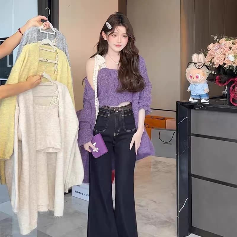 한 부서 이른 가을 ootd 품격 착용 가져 가라. 전체 집합 작은 샤넬 스타일 보라색 스웨터 오픈 가디건 슬립 맨위 투피스 슈트 상세 이미지 6