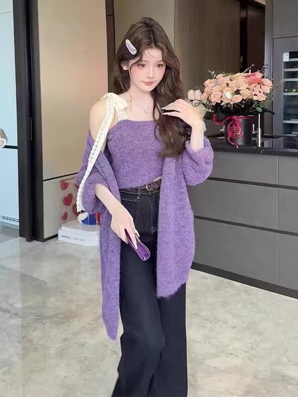 한 부서 이른 가을 ootd 품격 착용 가져 가라. 전체 집합 작은 샤넬 스타일 보라색 스웨터 오픈 가디건 슬립 맨위 투피스 슈트 상세 이미지 18