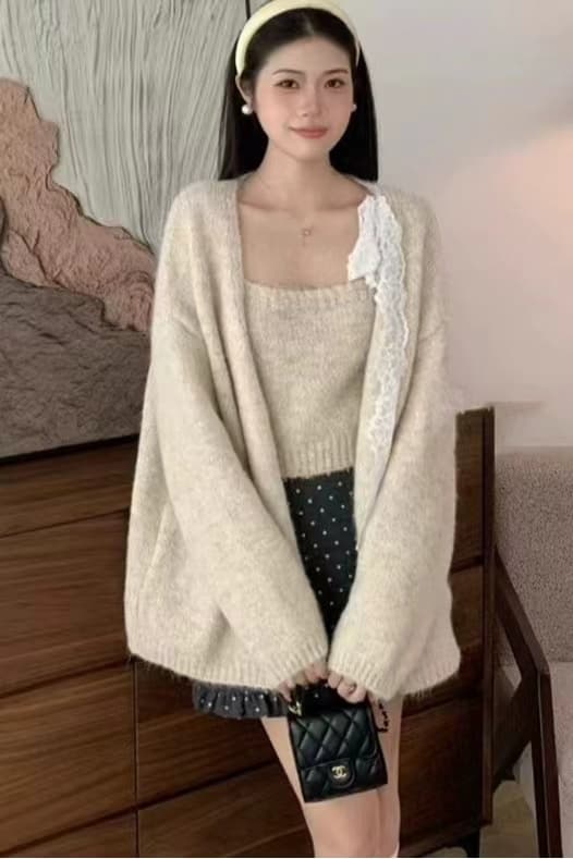 한 부서 이른 가을 ootd 품격 착용 가져 가라. 전체 집합 작은 샤넬 스타일 보라색 스웨터 오픈 가디건 슬립 맨위 투피스 슈트 상세 이미지 19