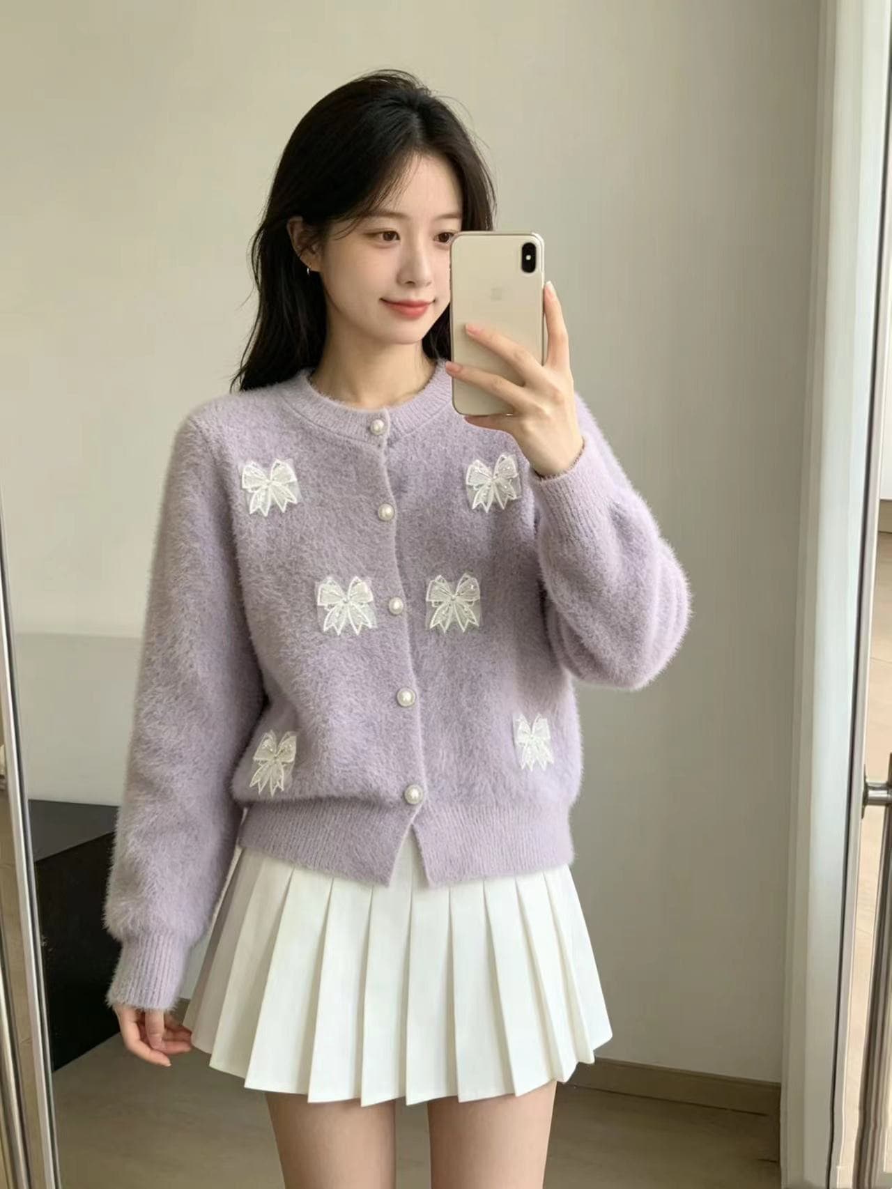나비 매듭 수달 털 라운드 넥 긴팔 니트 오픈 가디건 가을 겨울 새로운 프랑스식 작은 대중 연령 감소 스웨터 코트 상세 이미지 9