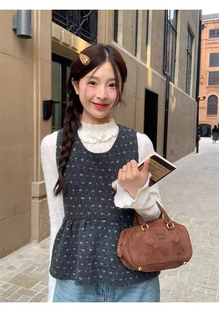 한 부서 하트 꽃무늬 라운드 넥 민소매 베스트 니트 스웨터 여성 봄 가을 새로운 달콤함 연령 감소 스택 착용 조끼 맨위 상세 이미지 6