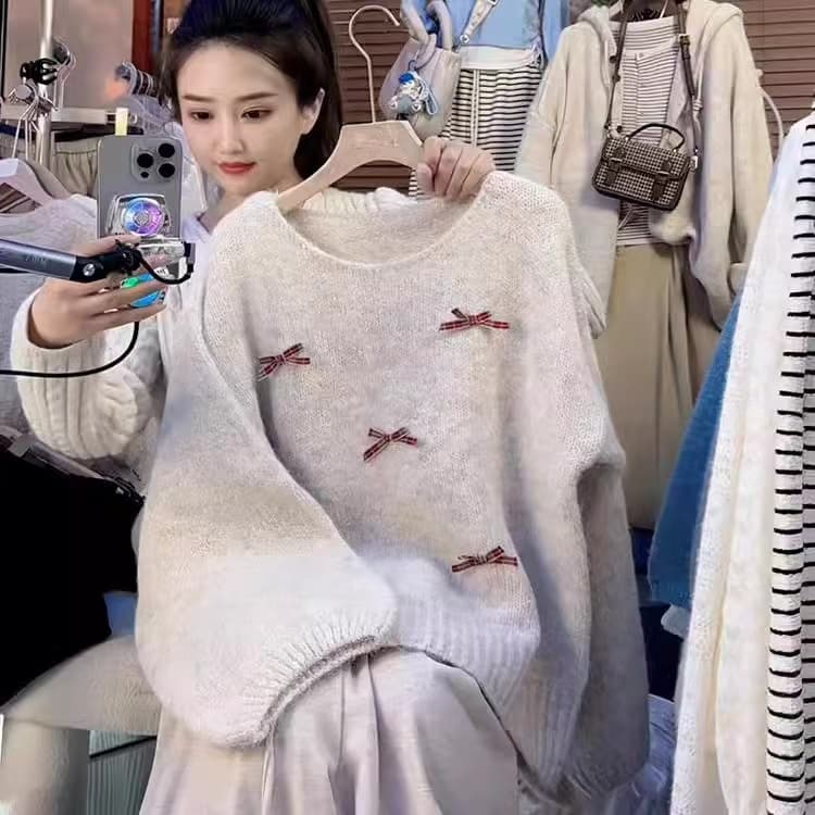 한국 동대문 느긋한 바람 나비 매듭 니트 풀오버 여성 의류 가을 새로운 미니멀리즘 캐주얼 품격 와이드 상세 이미지 9