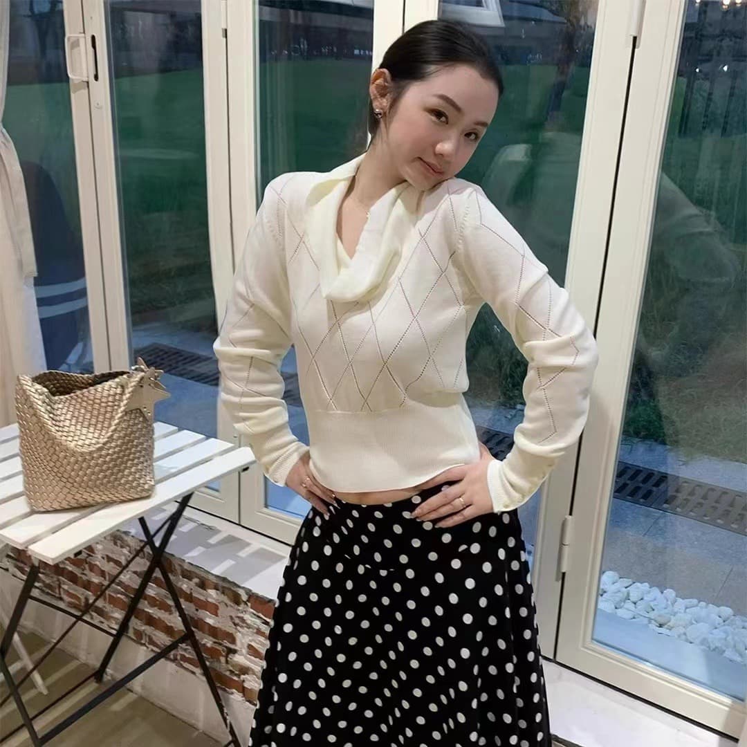 2026 천천히 조정 느슨함 레트로 말뚝 더미 칼라 홀로우 아웃 스웨터 여자 다이아몬드 모양 그리드 쇼트 스타일 맨위 이미지 5