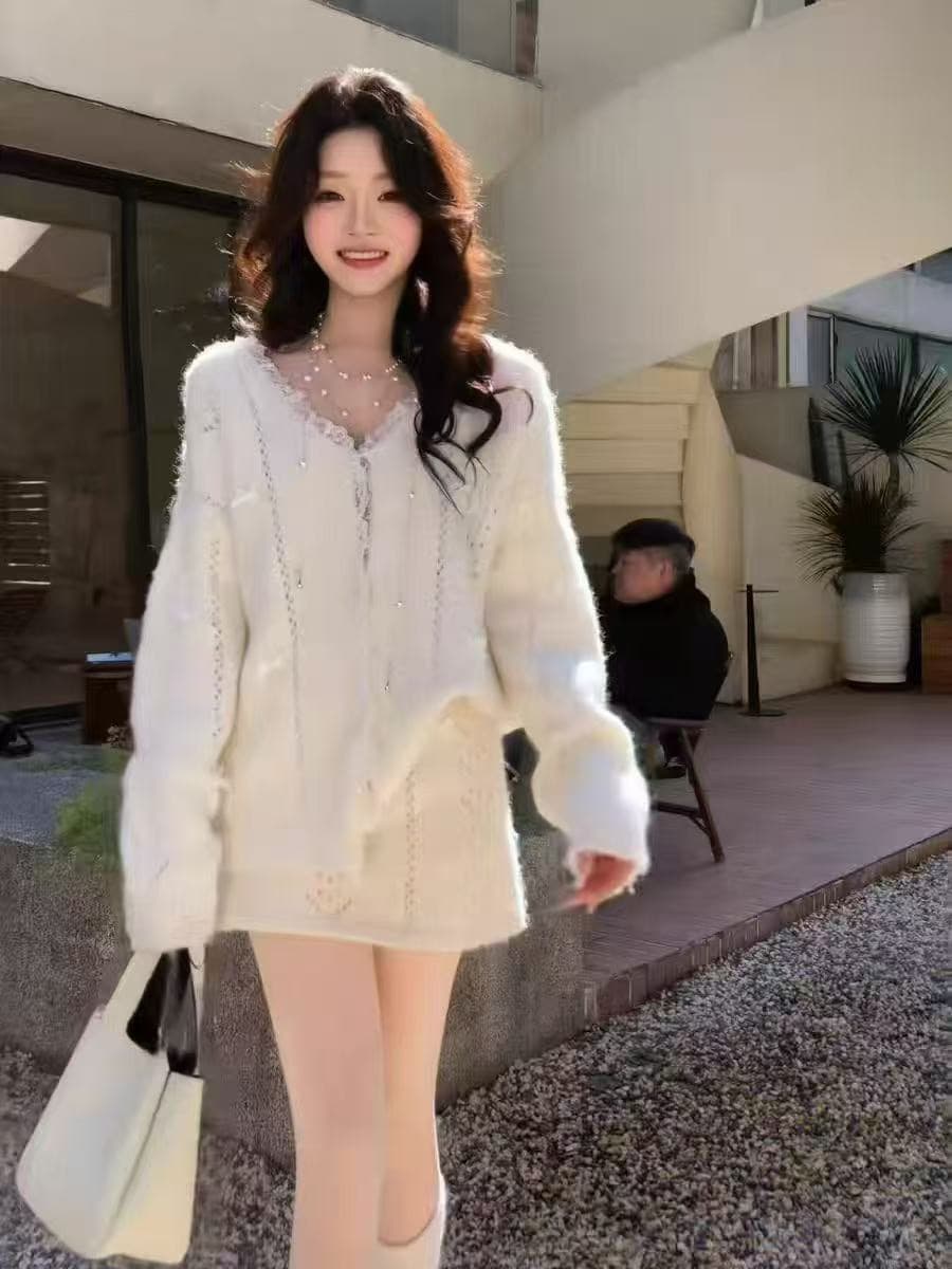 느긋한 부드러운 바람 홀로우 아웃 나비 매듭 니트 오픈 가디건 반신 치마 세트 여성 가을 겨울 고급 센스 스웨터 투피스 세트 상세 이미지 7