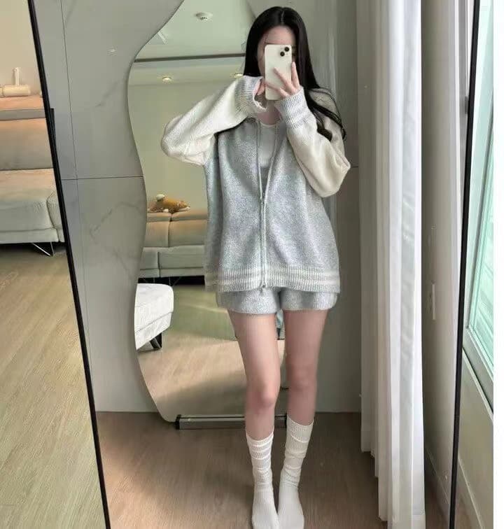 2026 노인 소매 야구 유니폼 세트 한 부서 착용 가져 가라. 전체 집합 가을 겨울 패치워크 색상 지퍼 니트 운동 오픈 가디건 여성