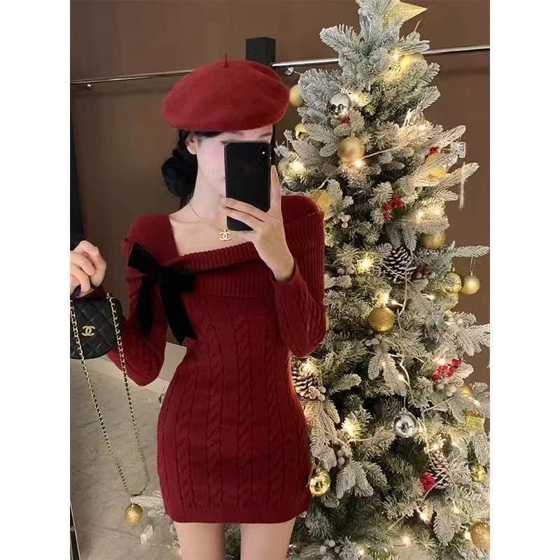 신년 빨간색 오프숄더 나비 매듭 꽈배기 스웨터 드레스 여성 가을 겨울철 몸매 가꾸기 만나는 니트 점프 슈트 짧은 치마 이미지 3