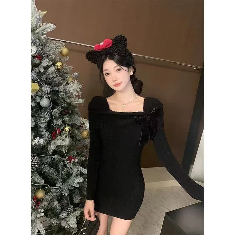 신년 빨간색 오프숄더 나비 매듭 꽈배기 스웨터 드레스 여성 가을 겨울철 몸매 가꾸기 만나는 니트 점프 슈트 짧은 치마 이미지 2