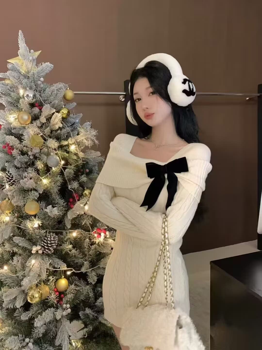 신년 빨간색 오프숄더 나비 매듭 꽈배기 스웨터 드레스 여성 가을 겨울철 몸매 가꾸기 만나는 니트 점프 슈트 짧은 치마 상세 이미지 2