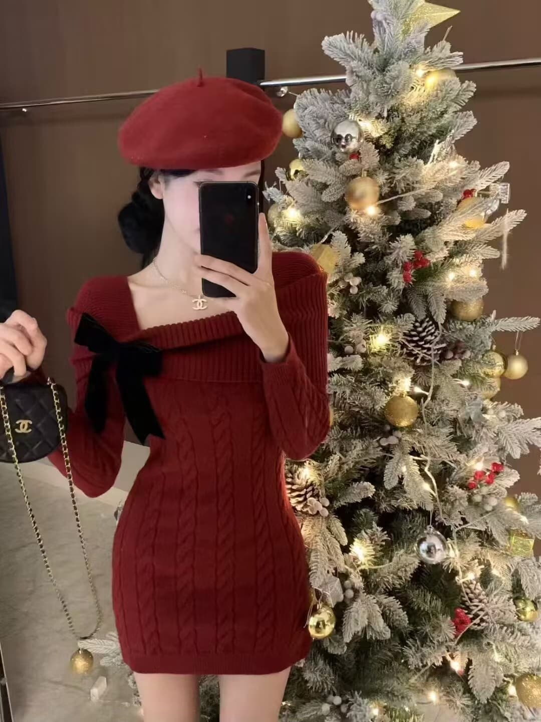 신년 빨간색 오프숄더 나비 매듭 꽈배기 스웨터 드레스 여성 가을 겨울철 몸매 가꾸기 만나는 니트 점프 슈트 짧은 치마 상세 이미지 3