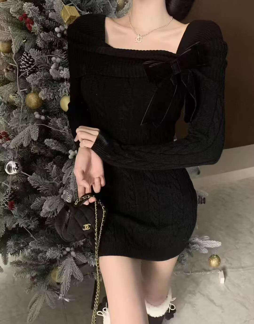 신년 빨간색 오프숄더 나비 매듭 꽈배기 스웨터 드레스 여성 가을 겨울철 몸매 가꾸기 만나는 니트 점프 슈트 짧은 치마 상세 이미지 4