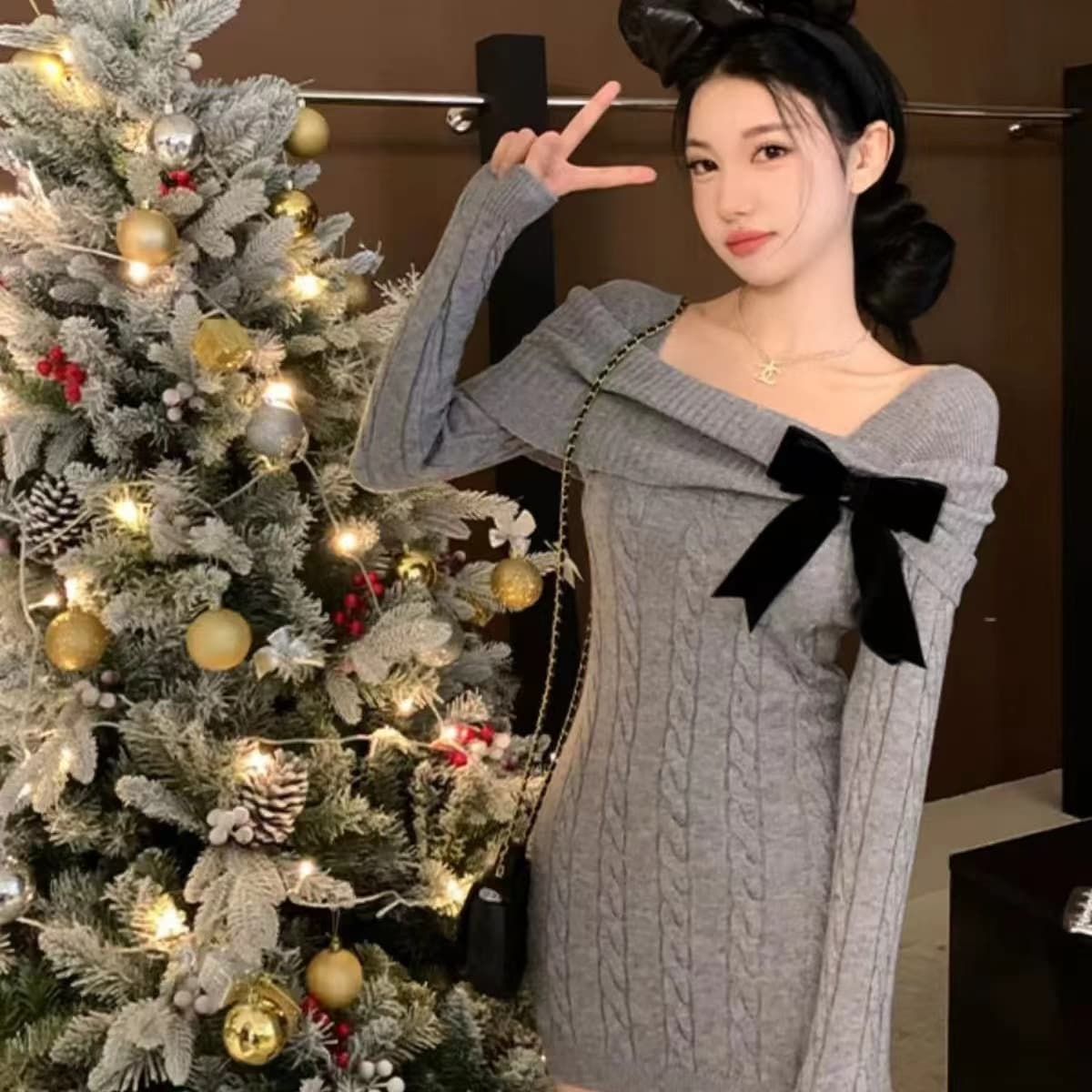 신년 빨간색 오프숄더 나비 매듭 꽈배기 스웨터 드레스 여성 가을 겨울철 몸매 가꾸기 만나는 니트 점프 슈트 짧은 치마 상세 이미지 12