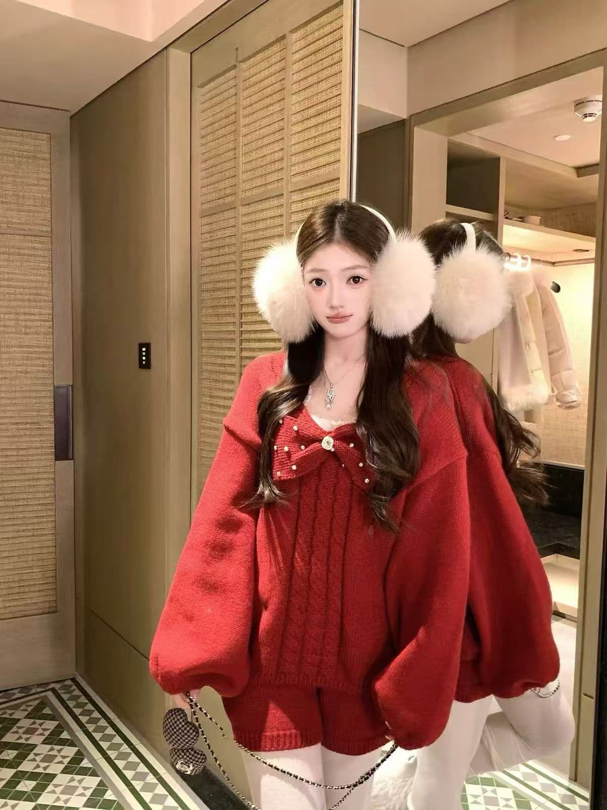 새로운 한국 스타일 패션 달콤함 무거운 작업 나비 매듭 느긋한 바람 스웨터 허리밴드 반바지 세트 상세 이미지 4