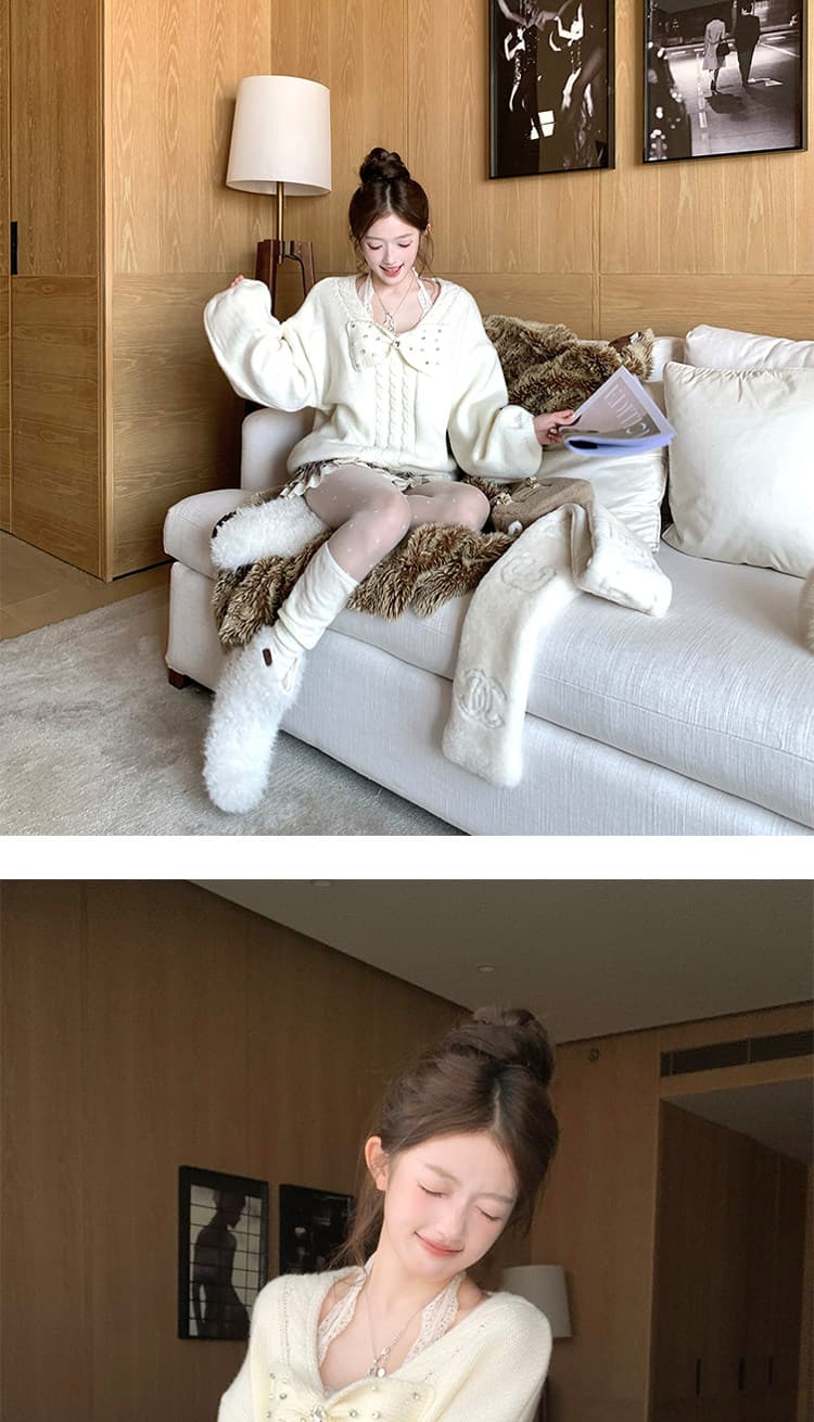 새로운 한국 스타일 패션 달콤함 무거운 작업 나비 매듭 느긋한 바람 스웨터 허리밴드 반바지 세트 상세 이미지 14