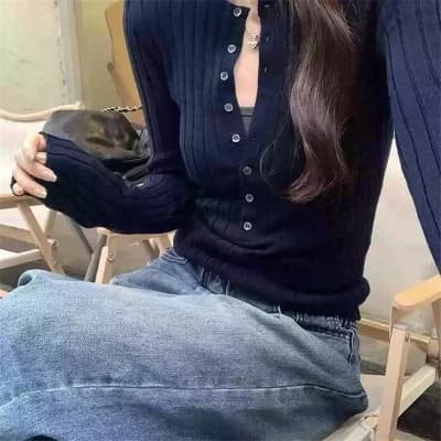 한 부서 착용 가져 가라. 헨리 칼라 구덩이 기사 긴팔 니트 스웨터 여성 가을 겨울철 허리 수축 슬림해 보이는 단추 기본 셔츠 맨위 트렌디 상세 이미지 1