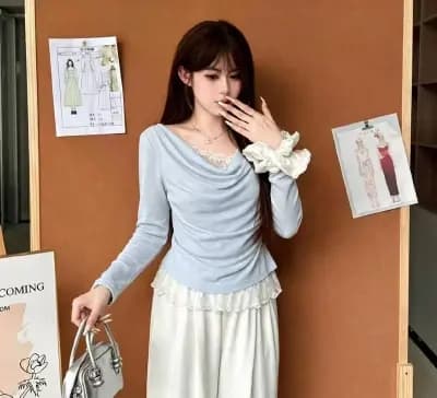 가을 한 부서 달콤함 흔들다 칼라 패치워크 페이크 레이어드 풀오버 긴팔 새로운 다용도 패션 슬림해 보이는 품격 상세 이미지 1