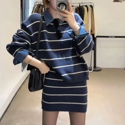 한 부서 학원 스타일 스웨터 세트 여성 가을 겨울 착용 가져 가라. 전체 집합 스트라이프 POLO 칼라 니트 스웨터 미니 스커트 투피스 세트 상세 이미지 1