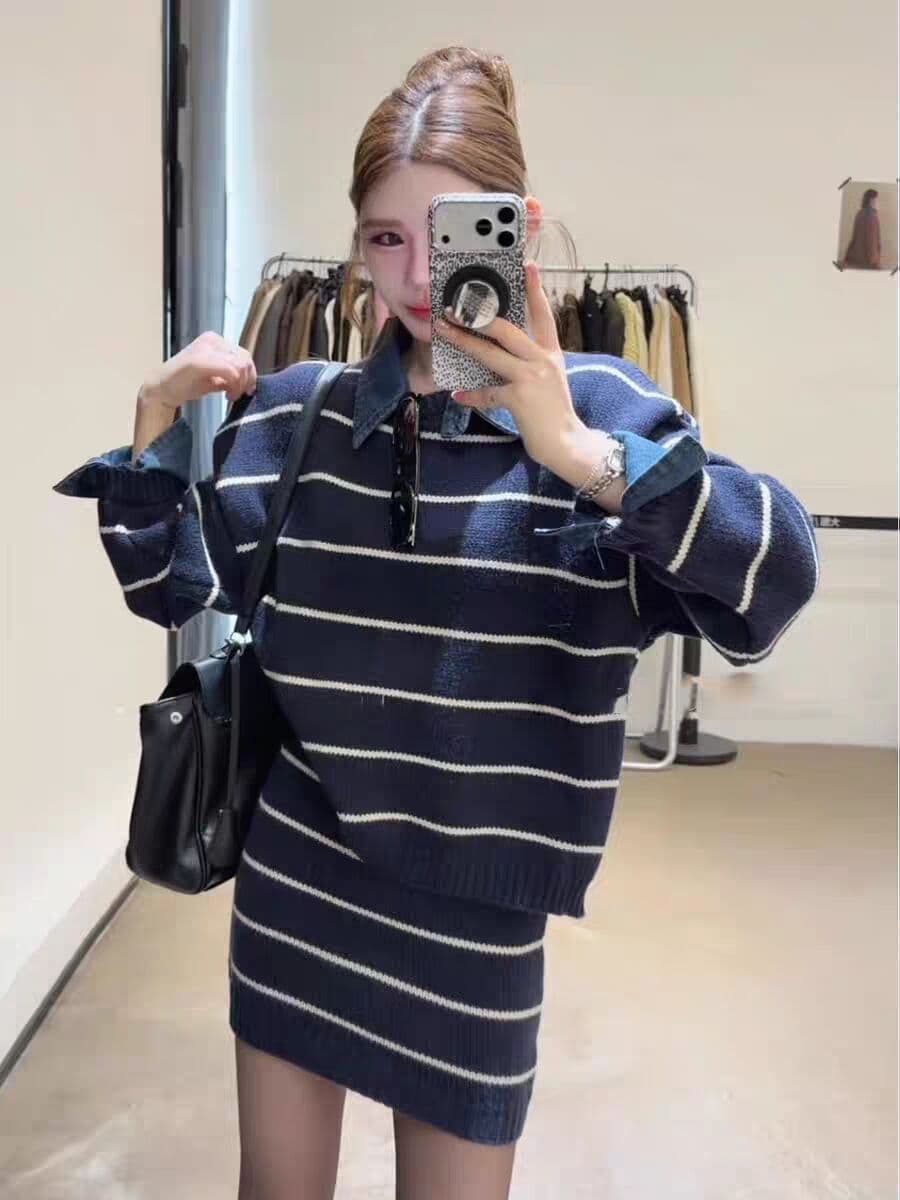한 부서 학원 스타일 스웨터 세트 여성 가을 겨울 착용 가져 가라. 전체 집합 스트라이프 POLO 칼라 니트 스웨터 미니 스커트 투피스 세트 상세 이미지 3