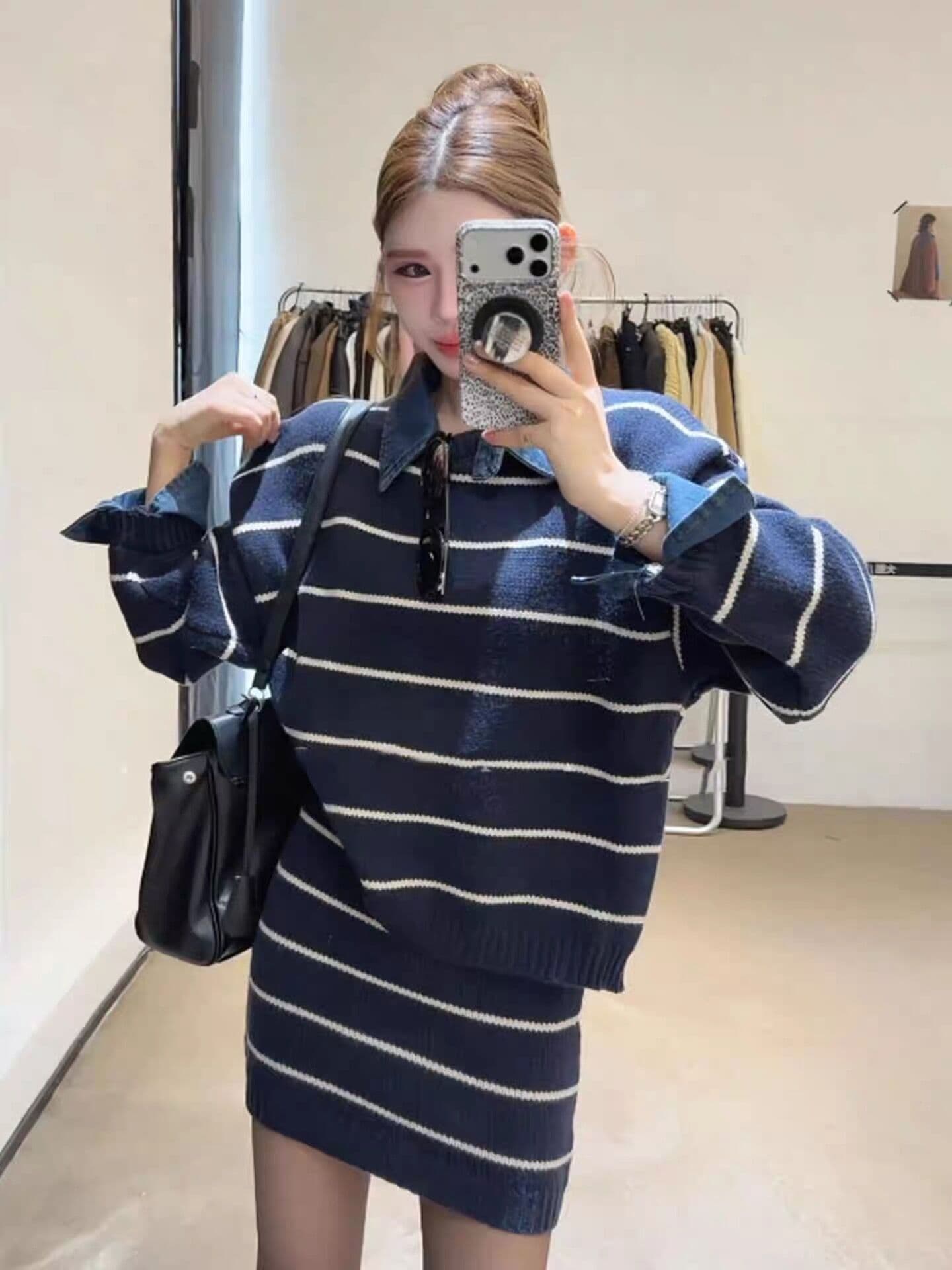 한 부서 학원 스타일 스웨터 세트 여성 가을 겨울 착용 가져 가라. 전체 집합 스트라이프 POLO 칼라 니트 스웨터 미니 스커트 투피스 세트 상세 이미지 4