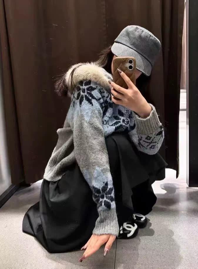 보라색 공정한 섬 더블 지퍼 후드 스웨터 오픈 가디건 여성 가을 겨울철 두꺼운 루즈핏 느긋한 레트로 모피 칼라 재킷 상세 이미지 9