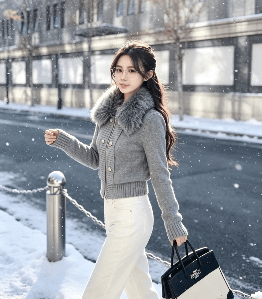 한국 동대문 디자인 센스 모피 칼라 지퍼 니트 오픈 가디건 여성 의류 가을 품격 슬림해 보이는 다용도 스웨터 코트 이미지 3