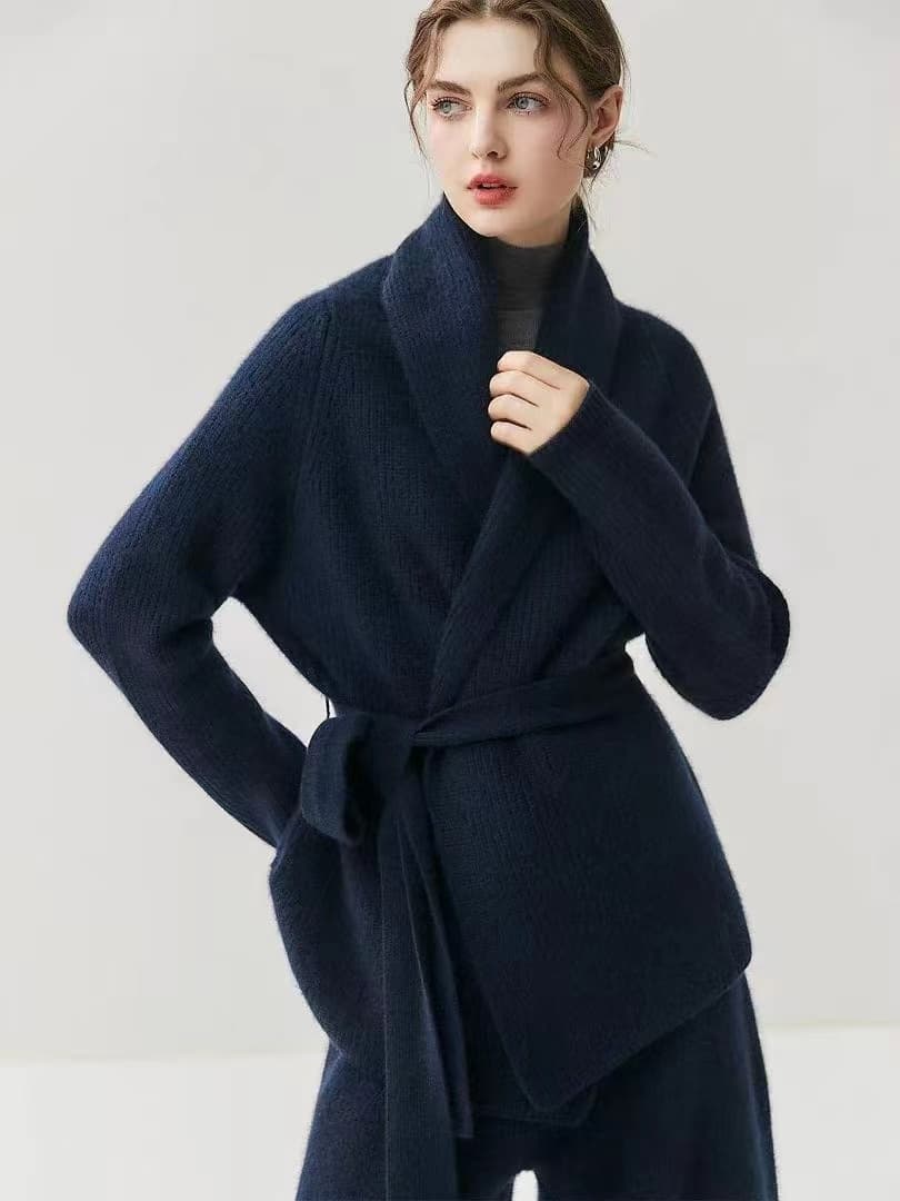 느긋한 바람 폴로 칼라 목욕 가운 스타일 양모 니트 오픈 가디건 여성 느긋한 바람 루즈핏 슬림해 보이는 스웨터 코트 가을 겨울 이미지 3